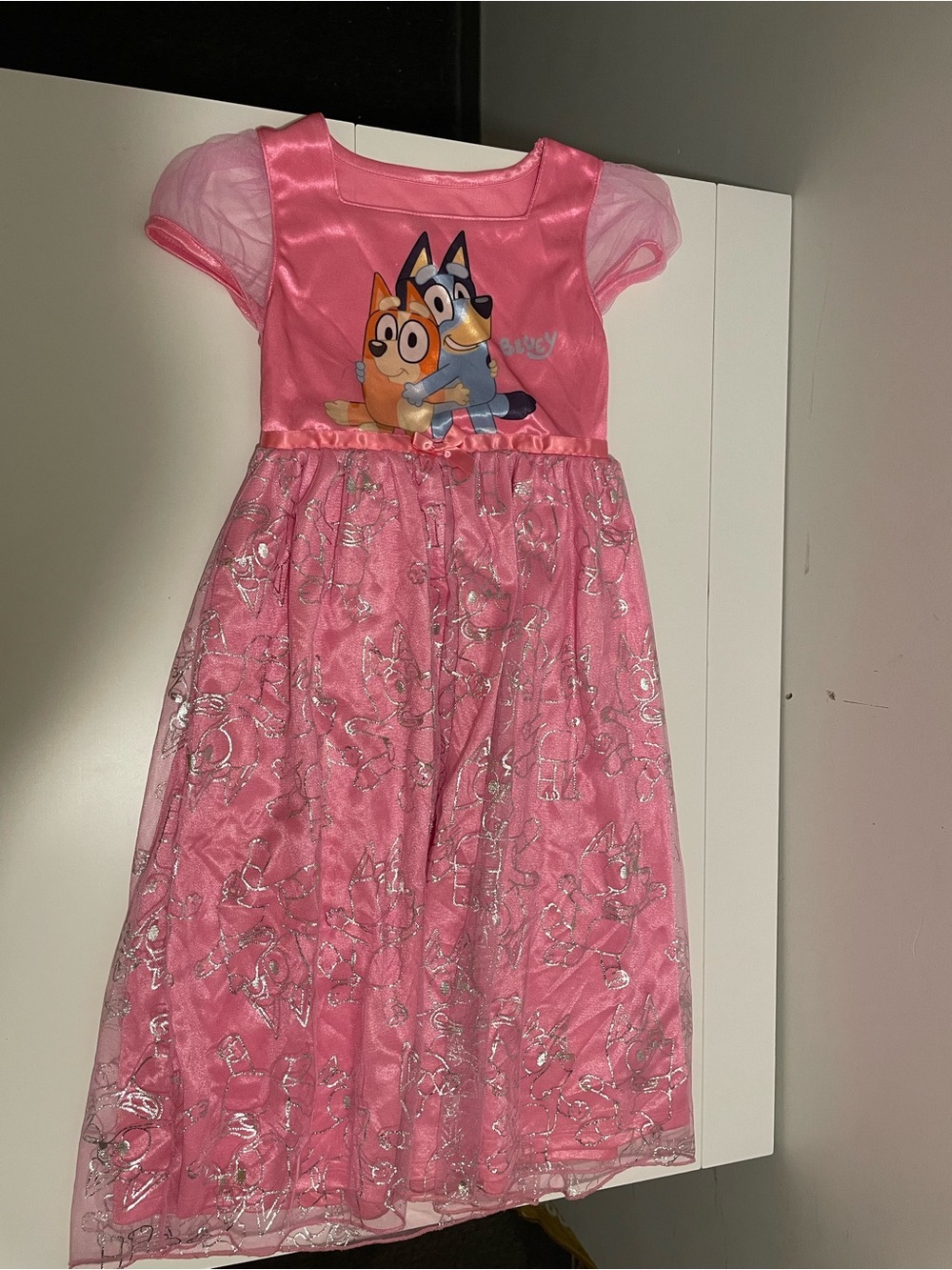 Bluey Brand Girl's size 6/6X Pink Glitter Nightgown Tulle Skirt Blue & Bingo